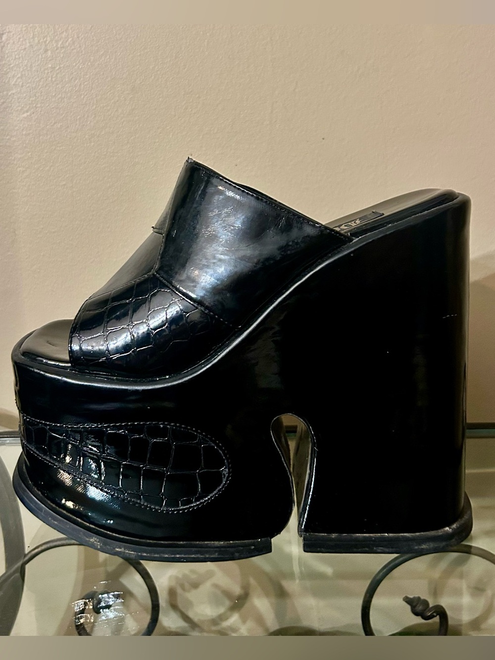 Demonia Black Patent Croc-Texture Platform Wedge Slides